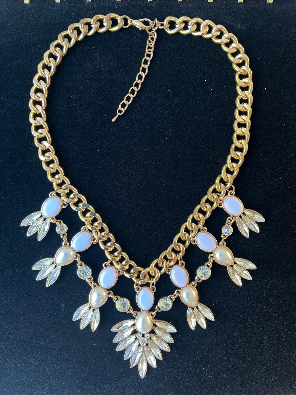 Gold Tone Chain Statement Necklace with Blush Pink and Clear Stones